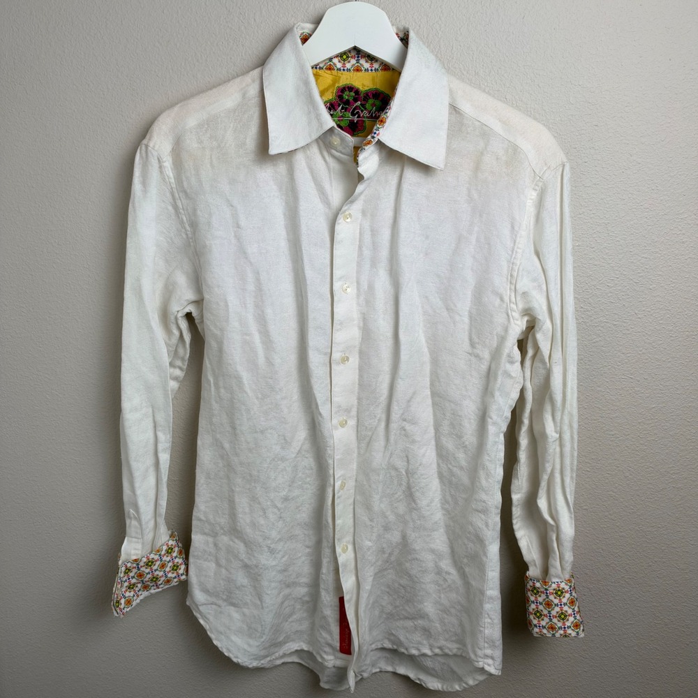 Robert Graham Knowledge Wisdom Truth Shirt Med Fits Small White Linen Jacquard